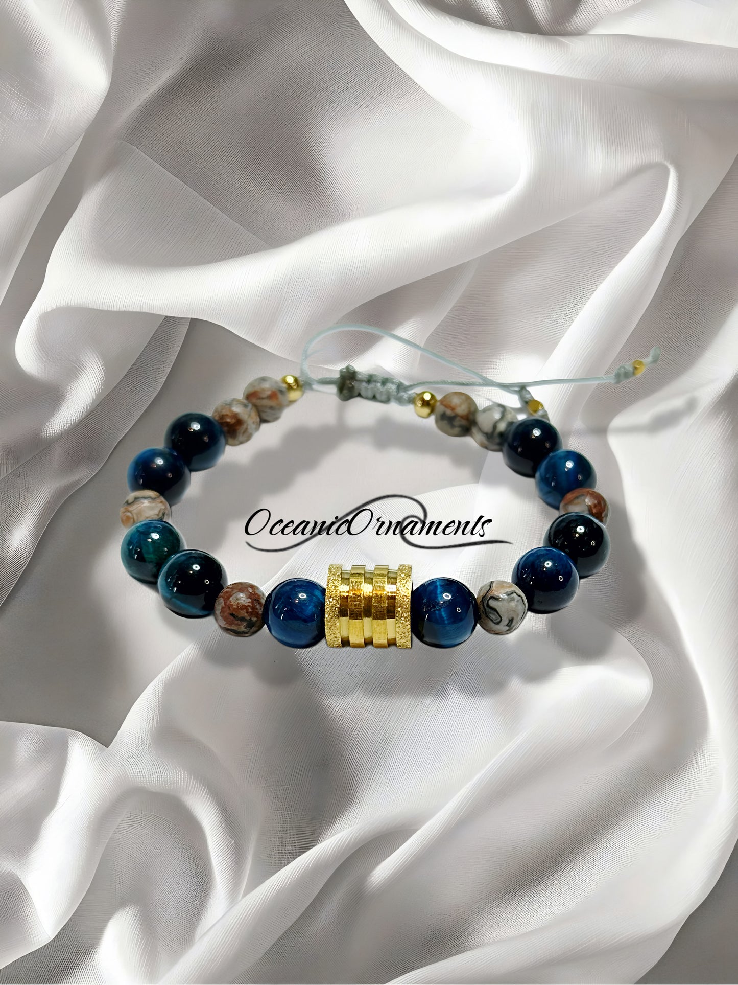 Ozeanblick – Herren Heilsteinarmband aus blauem Tigerauge & Leopardenjaspis