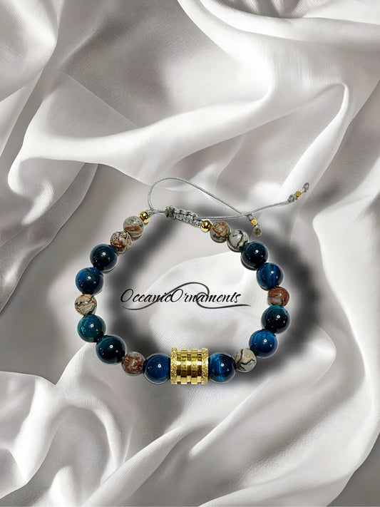 Ozeanblick – Herren Heilsteinarmband aus blauem Tigerauge & Leopardenjaspis